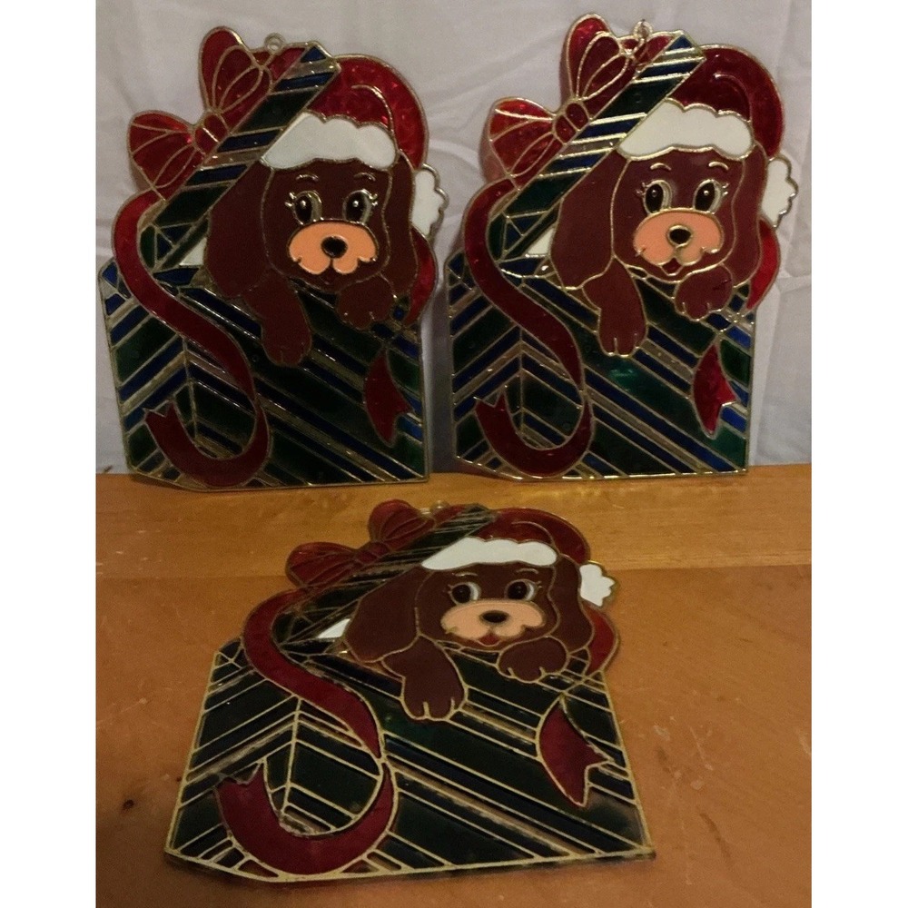 Vtg 1950s Giftco Christmas Plastic Stained Glass Window Decoration Puppy X 3